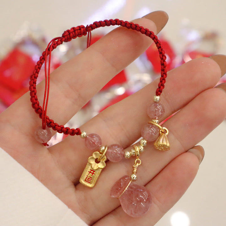 Buddha Stones Naturalny Kwarc Truskawkowy Worek Pieniędzy Lotos Uzdrawiający Charm Czerwony Sznurek Bransoletka Pleciona