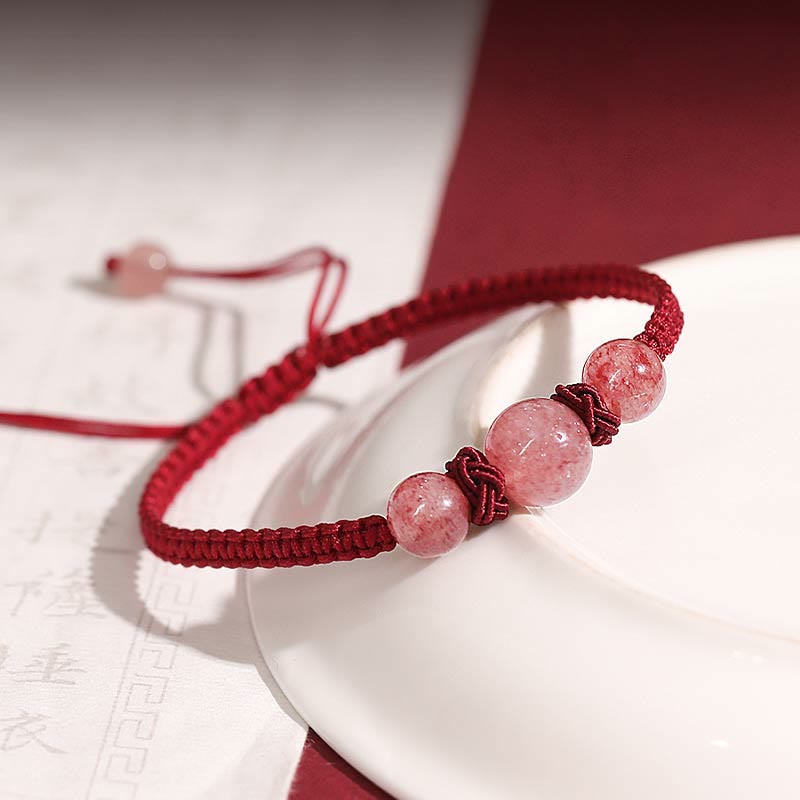 Buddha Stones Naturalny Kryształ Kwarcowy Truskawkowy Miłość Czerwona Bransoletka Tkana Sznurkiem Anklet