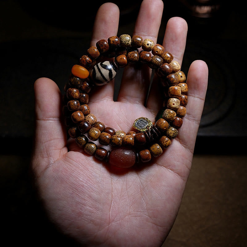 Buddha Stones Tybetańskie Nasiona Bodhi Bursztyn Dzi Koralik Agat Zakiram Bogini Bogactwa Koraliki Bransoletka Potrójnie Owijana