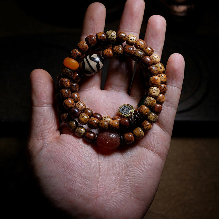 Buddha Stones Tybetańskie Nasiona Bodhi Bursztyn Dzi Koralik Agat Zakiram Bogini Bogactwa Koraliki Bransoletka Potrójnie Owijana