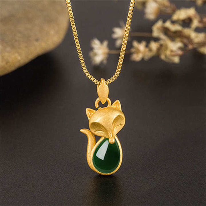 Buddha Stones Zielony Chalcedon Wzór Lisa Naszyjnik Wisiorek Odwaga