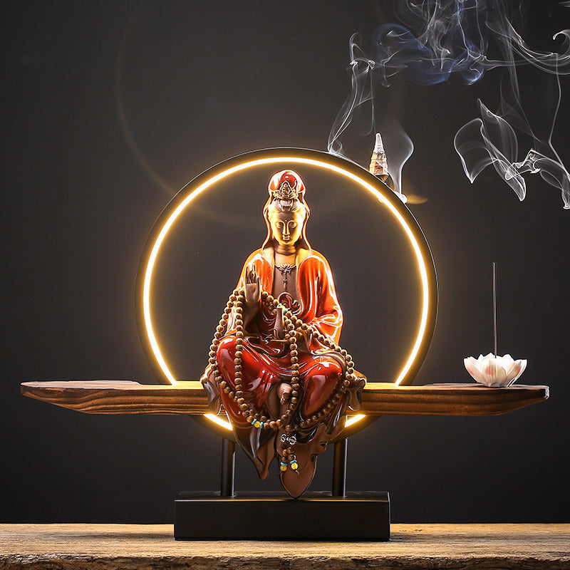 Buddha Stones Budda Awalokiteśwara Ceramiczny Lotos Relaksacyjny Kadzielnica Dekoracja - Czerwony Awalokiteśwara - image 18