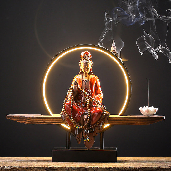 Buddha Stones Budda Awalokiteśwara Ceramiczny Lotos Relaksacyjny Kadzielnica Dekoracja - Czerwony Awalokiteśwara - image 18