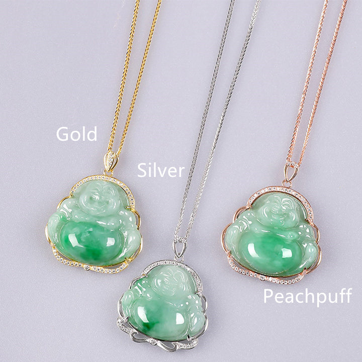 925 Srebrny naszyjnik z naturalnym jadeitem i śmiejącym się Buddą, łańcuszek z wisiorkiem - Srebrny - image 3