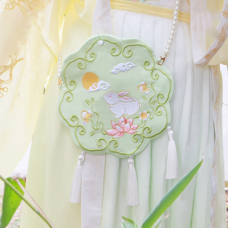 Buddha Stones Szczęście Haft Lotos Koi Ryba Królik Kwiat Hanfu Torba Crossbody Torba na Ramię - Zielony Kwiat Królik - image 22