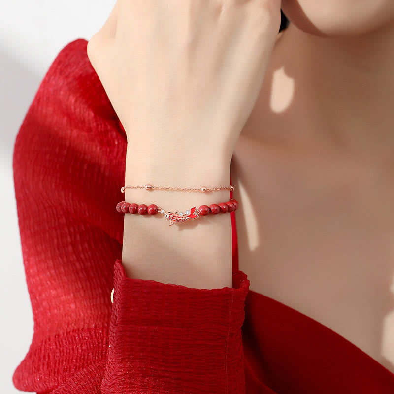 Bransoletka z podwójnym łańcuszkiem Buddha Stones 925 Sterling Silver Lucky Koi Fish Cinnabar Zircon Prosperity