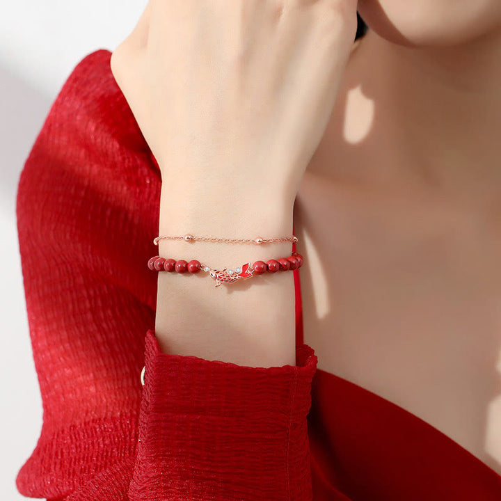 Bransoletka z podwójnym łańcuszkiem Buddha Stones 925 Sterling Silver Lucky Koi Fish Cinnabar Zircon Prosperity