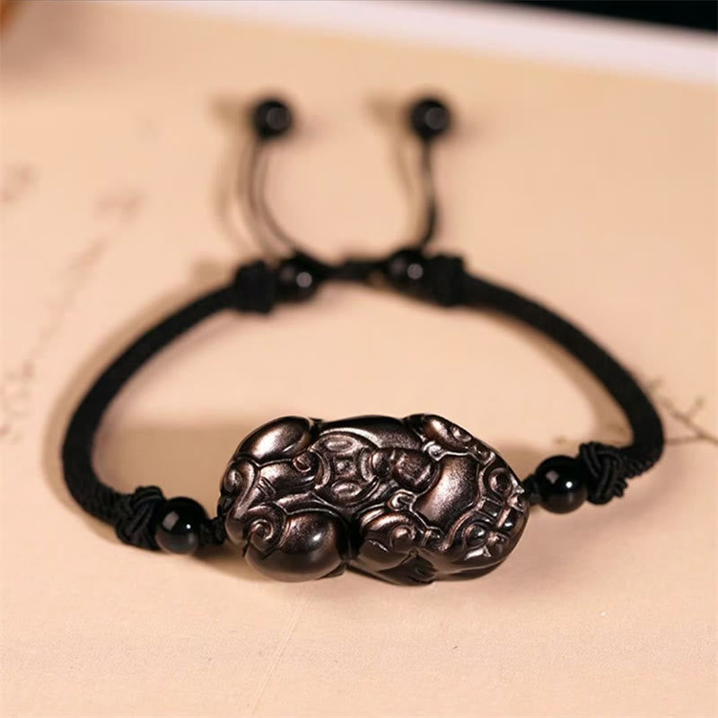 Buddha Stones Naturalny Obsydian Ametyst Cytryn PiXiu Cooper Moneta Bogactwo Bransoletka