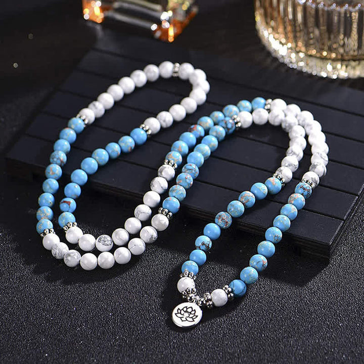 Buddha Stones 108 koralików mala Bransoletka z białym turkusowym kamieniem cesarskim i błogosławieństwem lotosu