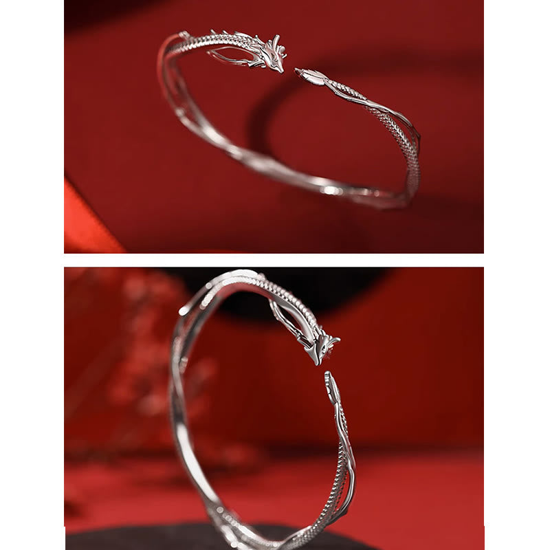Buddha Stones 925 Srebro Sterlingowe Rok Smoka Projekt Szczęścia Metalowa Bransoletka Mankietowa Bangle