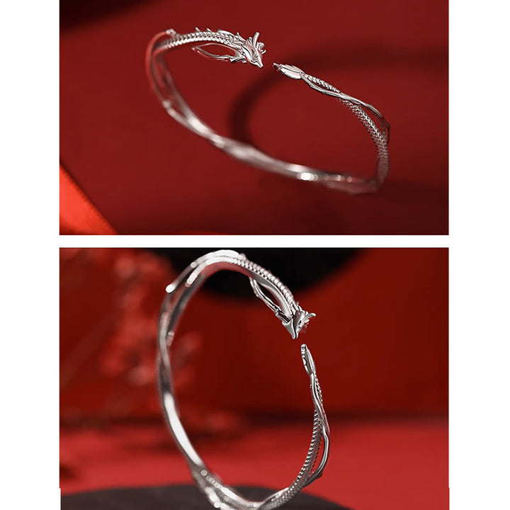 Buddha Stones 925 Srebro Sterlingowe Rok Smoka Projekt Szczęścia Metalowa Bransoletka Mankietowa Bangle