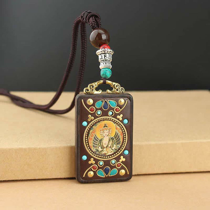 Buddha Stones Tybet Bóg Bogactwa Thangka Ebony Naszyjnik Pokój Wisiorek