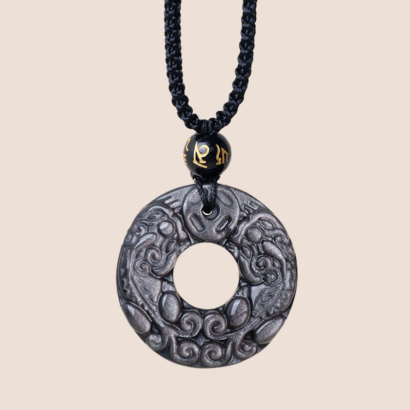 Buddha Stones Naturalny Srebrny Połysk Obsydian Podwójny PiXiu Miedziana Moneta Pokój Klamra Ochrona Naszyjnik Wisiorek - image 3