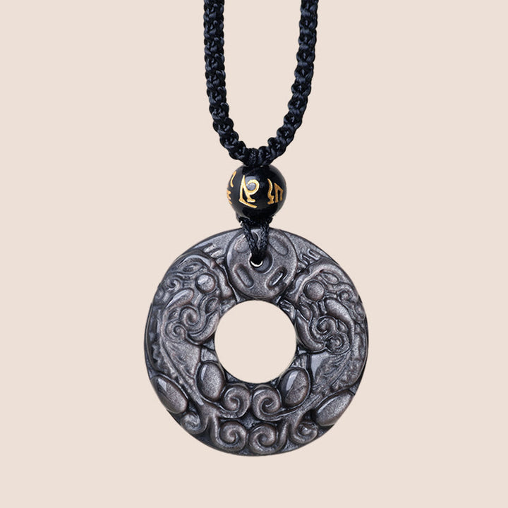 Buddha Stones Naturalny Srebrny Połysk Obsydian Podwójny PiXiu Miedziana Moneta Pokój Klamra Ochrona Naszyjnik Wisiorek - image 3
