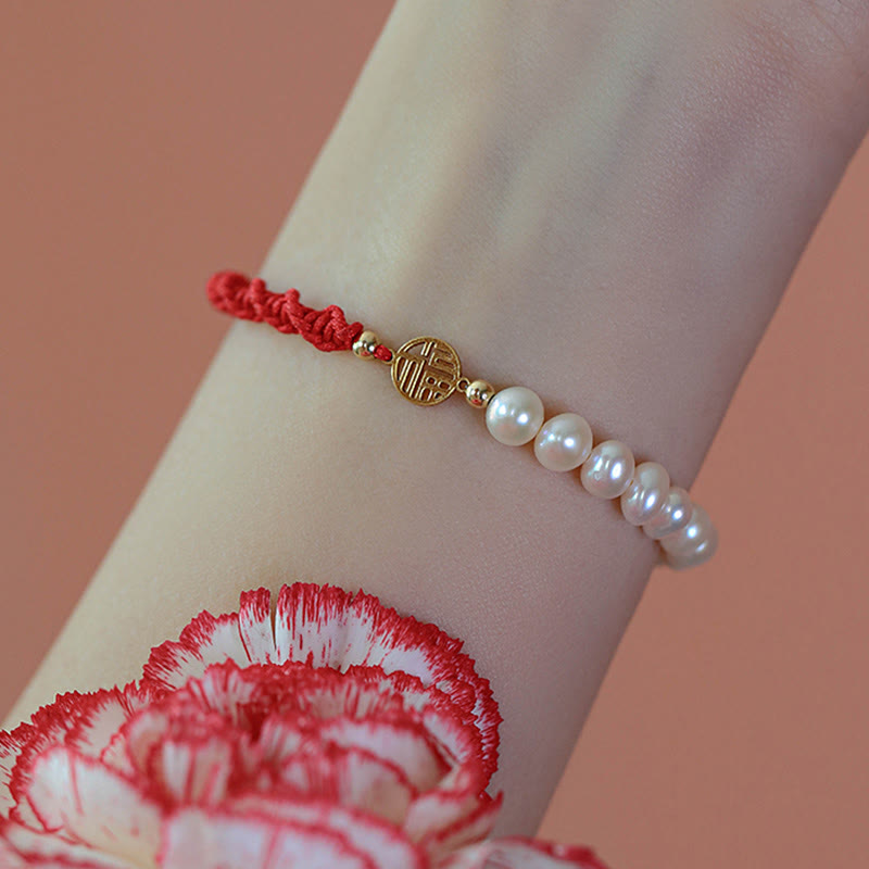 Bransoletka z czerwonego sznurka z perłowymi koralikami i powłoką ochronną 14K Gold