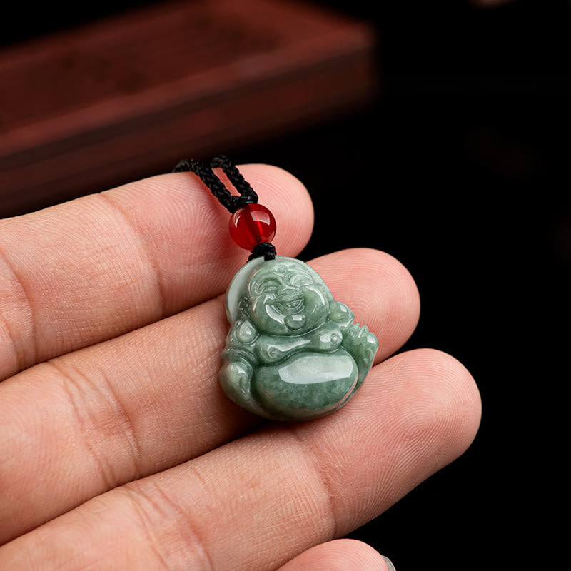 Buddha Stones Naturalny Zielony Jadeit Śmiejący Się Budda Szczęście Obfitość Naszyjnik Wisiorek