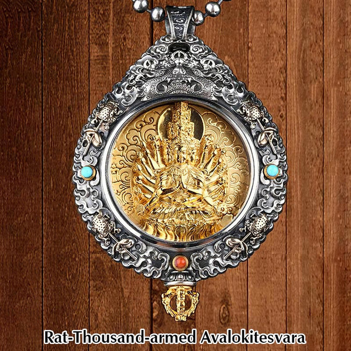 Buddha Stones Chiński Zodiak Natal Budda Thangka Dziewięć Pałaców Osiem Diagramów Bogactwo Obrotowy Naszyjnik Wisiorek - Szczur-Tysiącramienny Awalokiteśwara - image 2