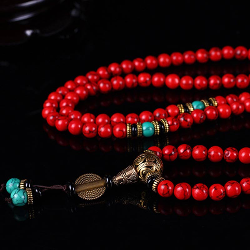Buddha Stones Tybetańskie Mala Czerwony Turkusowy Naszyjnik Szczęśliwy Bransoletka