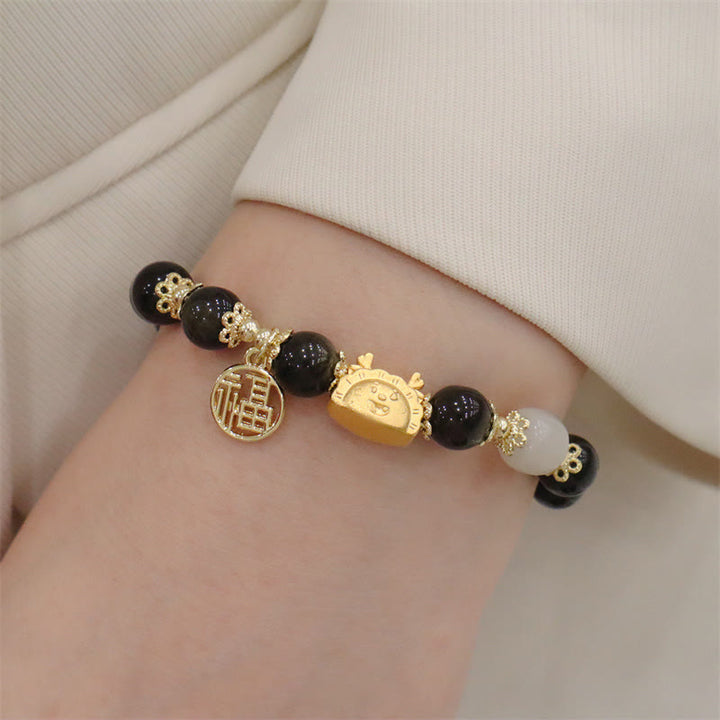 Buddha Stones Rok Smoka Czerwony Agat Kwarc Truskawkowy Czarny Obsydian Jadeit Granat Perła Cynober Pierożek Smok Szczęście Fu Bransoletka - Czarny obsydian (obwód nadgarstka 14-19 cm) - image 14