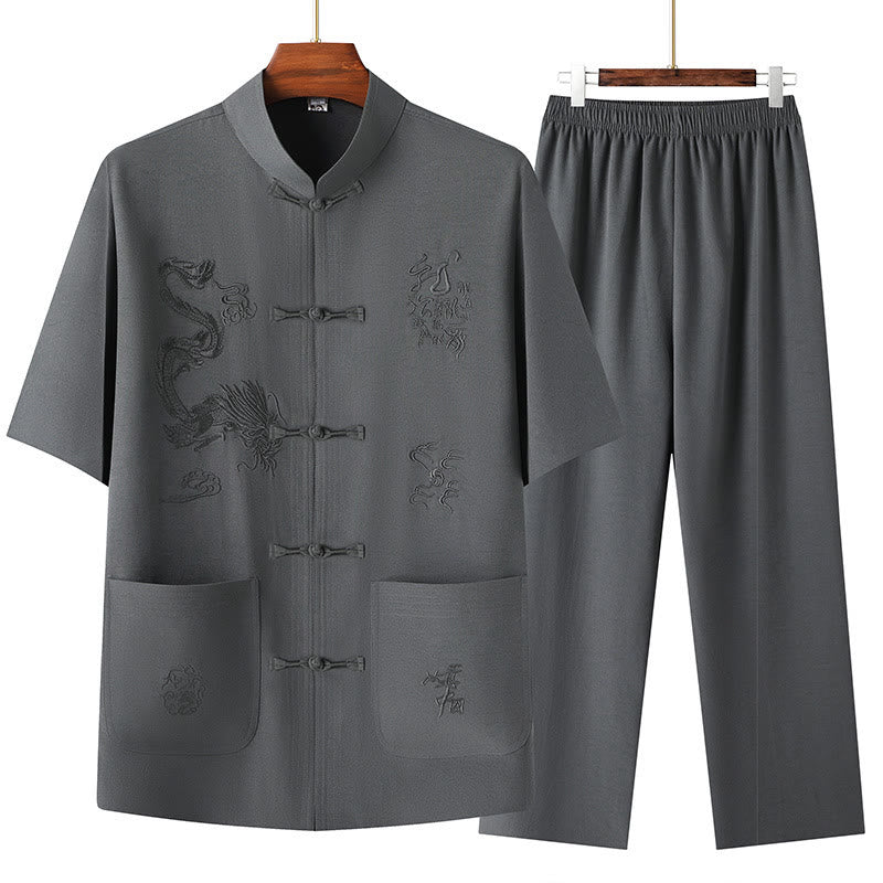 Buddha Stones Tang Suit Hanfu Chiński Smok Tradycyjny Kung Fu Jednolity Krótki Rękaw Topy i Spodnie Odzież Męska Zestaw - Ciemnoszary - US/UK/AU44， EU54 (4XL) - image 8