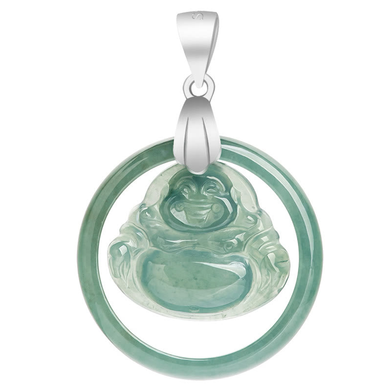 Buddha Stones 925 Srebro Sterlingowe Naturalny Jade Okrągły Śmiejący Się Budda Obfitość Naszyjnik Łańcuch Wisiorek