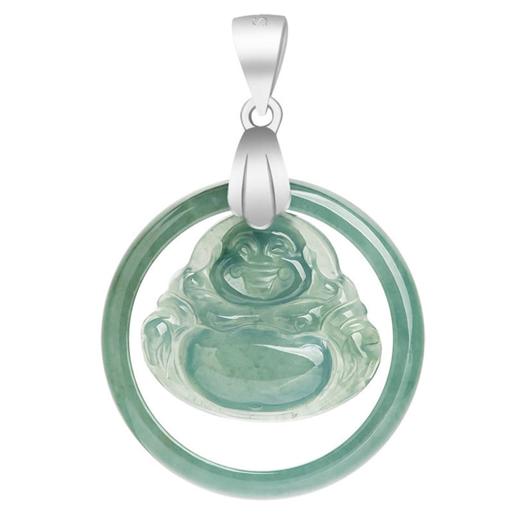 Buddha Stones 925 Srebro Sterlingowe Naturalny Jade Okrągły Śmiejący Się Budda Obfitość Naszyjnik Łańcuch Wisiorek