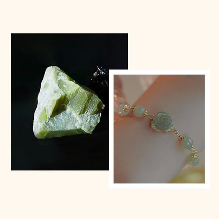 Bransoletka z łańcuszkiem szczęścia z Buddha Stones 14K pozłacana jadeitem Hetian i różą