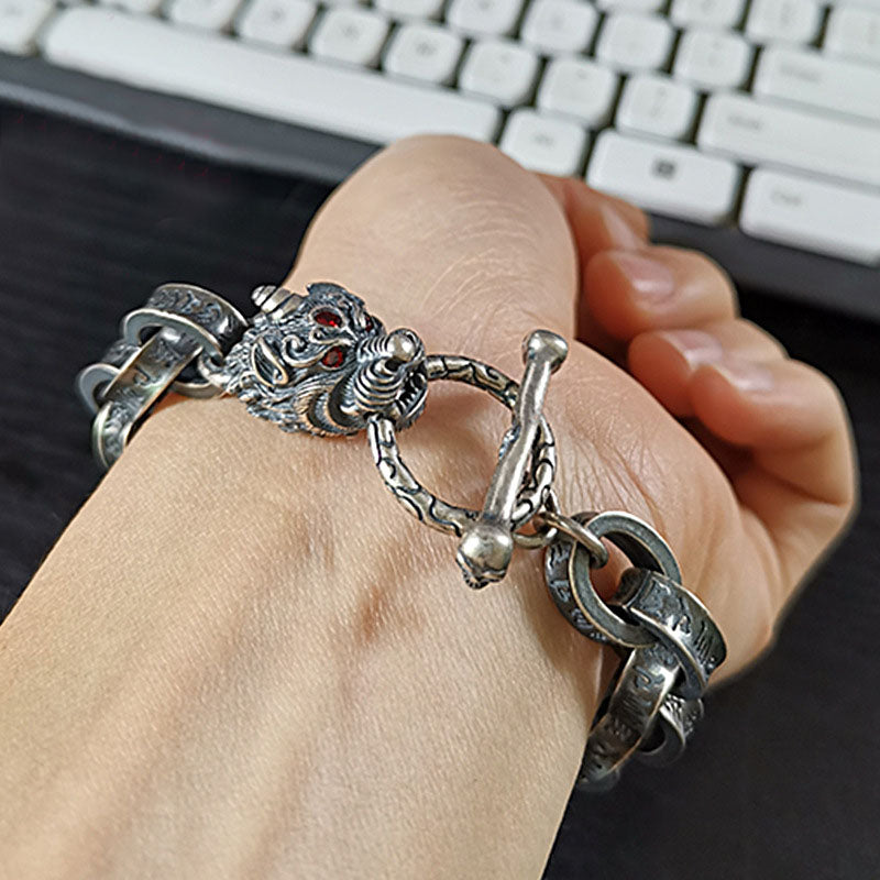 Buddha Stones 925 Srebro Sterlingowe Smok Kirin Om Mani Padme Hum Sukces Siła Bransoletka Bangle