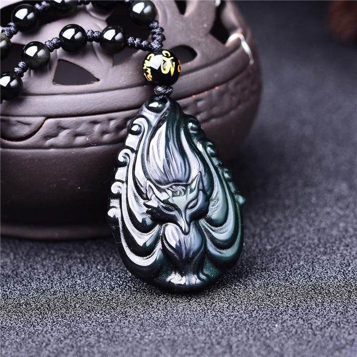 Buddha Stones Naturalny Tęczowy Obsydian Dziewięcioogonowy Lis Wewnętrzny Spokój Naszyjnik Koralikowy Wisiorek Sznurkowy