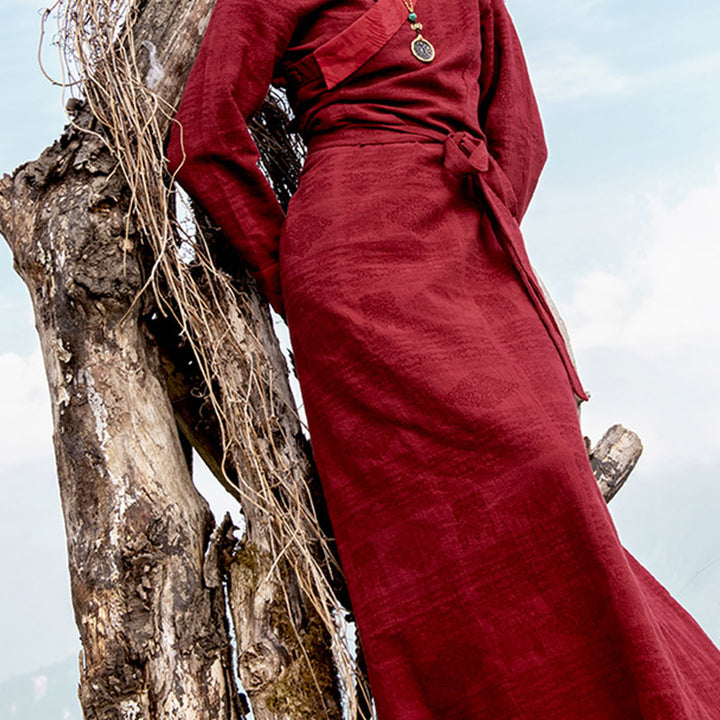 Buddha Stones Tybetańska Sukienka Odzież Lhasa Długa Sukienka Kopertowa Maxi Sukienka Damska Odzież - image 3