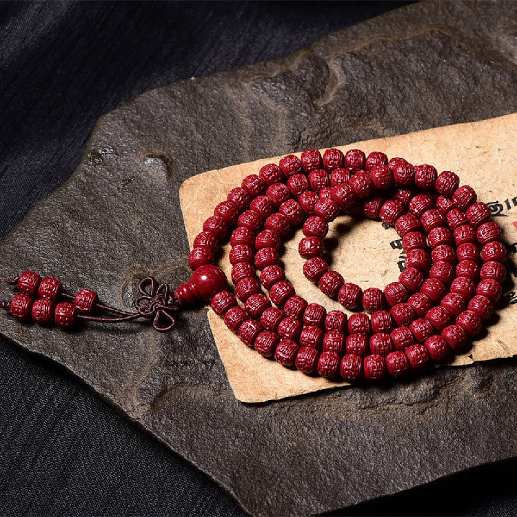 Buddha Stones 108 Mala Koraliki Cynober Om Mani Padme Hum Wzór Grawerowana Bransoletka Błogosławieństwa
