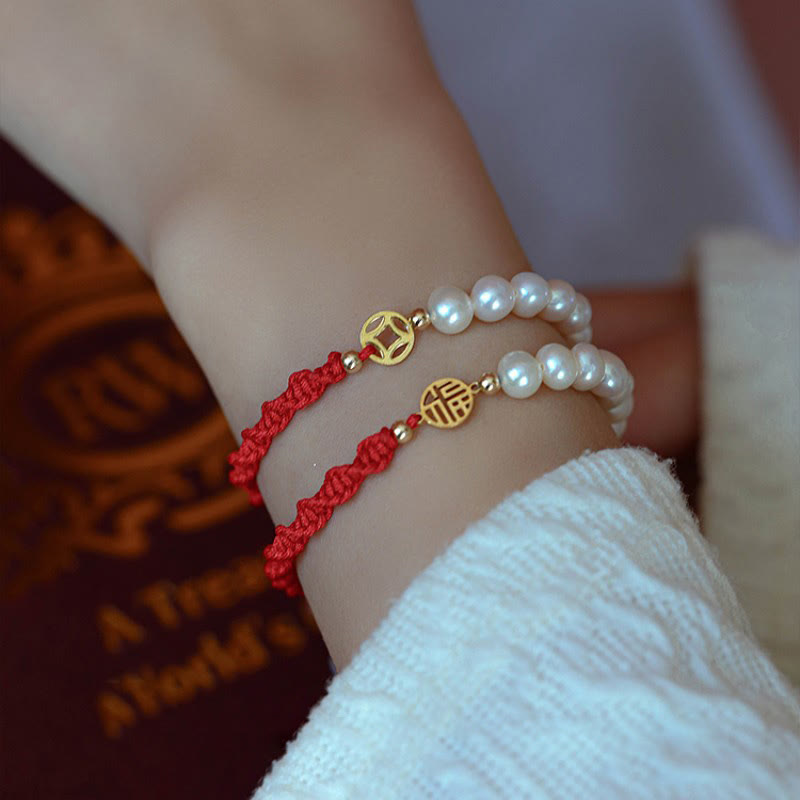 Bransoletka z czerwonego sznurka z perłowymi koralikami i powłoką ochronną 14K Gold
