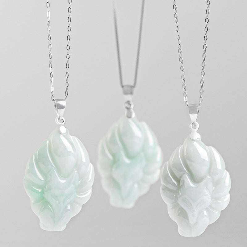 Buddha Stones 925 Srebro Sterling Naturalny Jade Dziewięcioogonowy Lis Naszyjnik Wisiorek Dobrobyt
