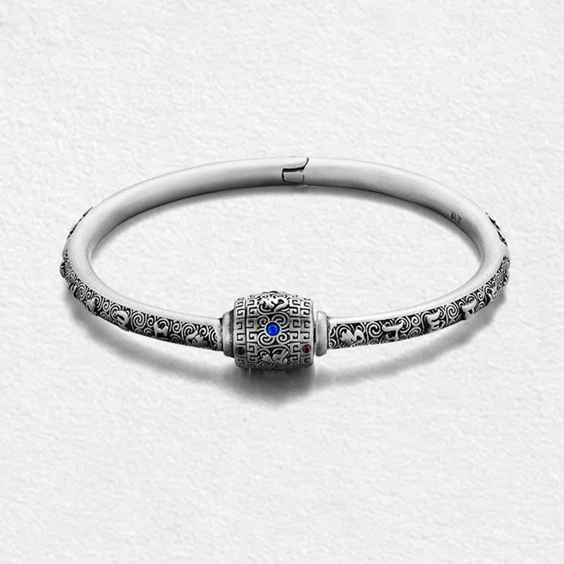 Buddha Stones 990 Srebro Sterling Tybetańskie Pomyślne Chmury Om Mani Padme Hum Grawerowana Bransoletka Kreatywności Bangle