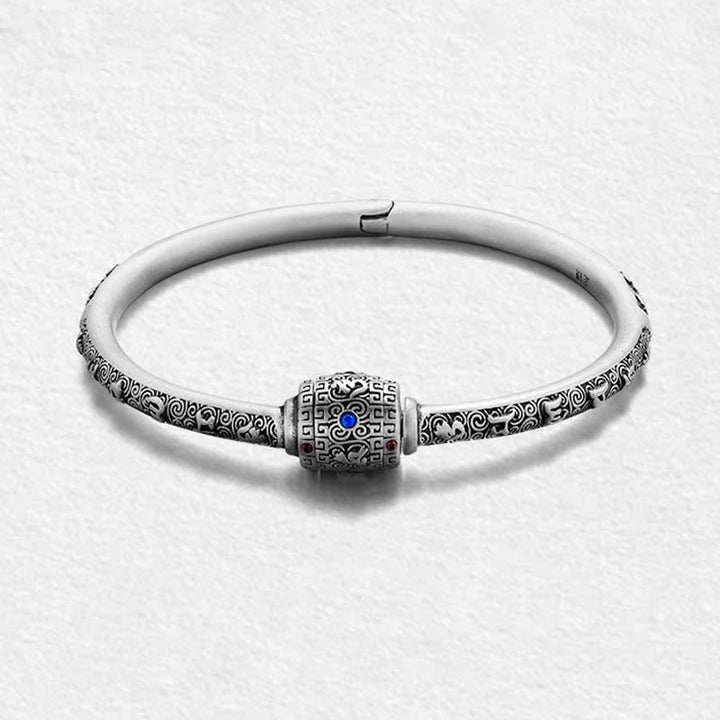 Buddha Stones 990 Srebro Sterling Tybetańskie Pomyślne Chmury Om Mani Padme Hum Grawerowana Bransoletka Kreatywności Bangle