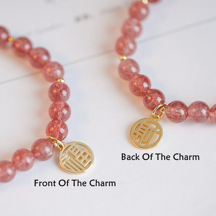 Bransoletka z Buddha Stones 14K pozłacana kwarcem truskawkowym Fu Character Healing Charm
