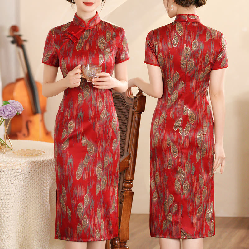 Buddha Stones Retro Kwiat Lotos Piwonia Pióro Druk Qipao Sukienka Damska Cheongsam Sukienka - Czerwone pióro - US16, UK/AU20, EU48 (5XL) - image 18