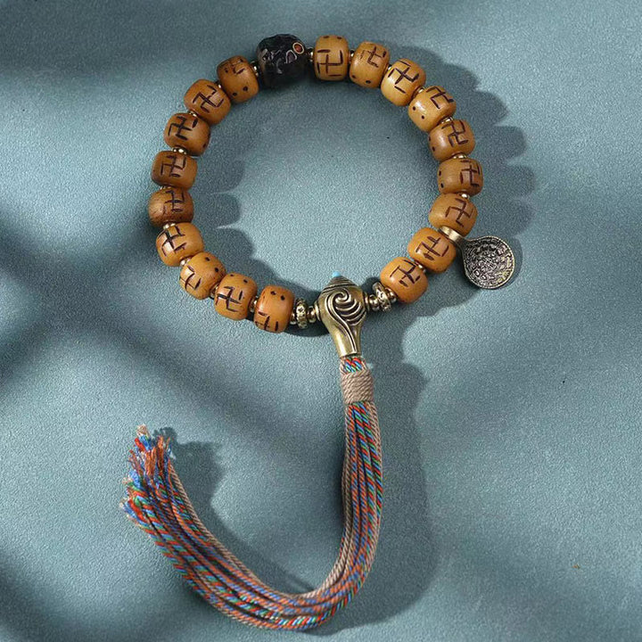 Buddha Stones naturalne tybetańskie kości wielbłąda swastyka Dzi koralik Shankha wisiorek buddy Kirtimukha ochrona szczęścia bransoletka z frędzlami