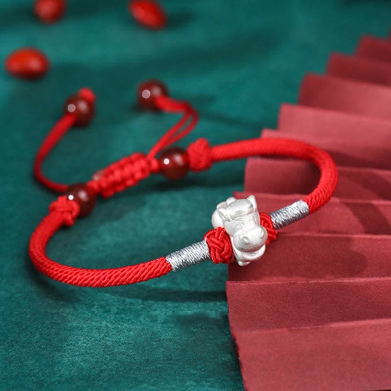 Buddha Stones 999 Srebro Sterling Chiński Zodiak Szczęście Siła Bransoletka z Czerwonego Sznurka