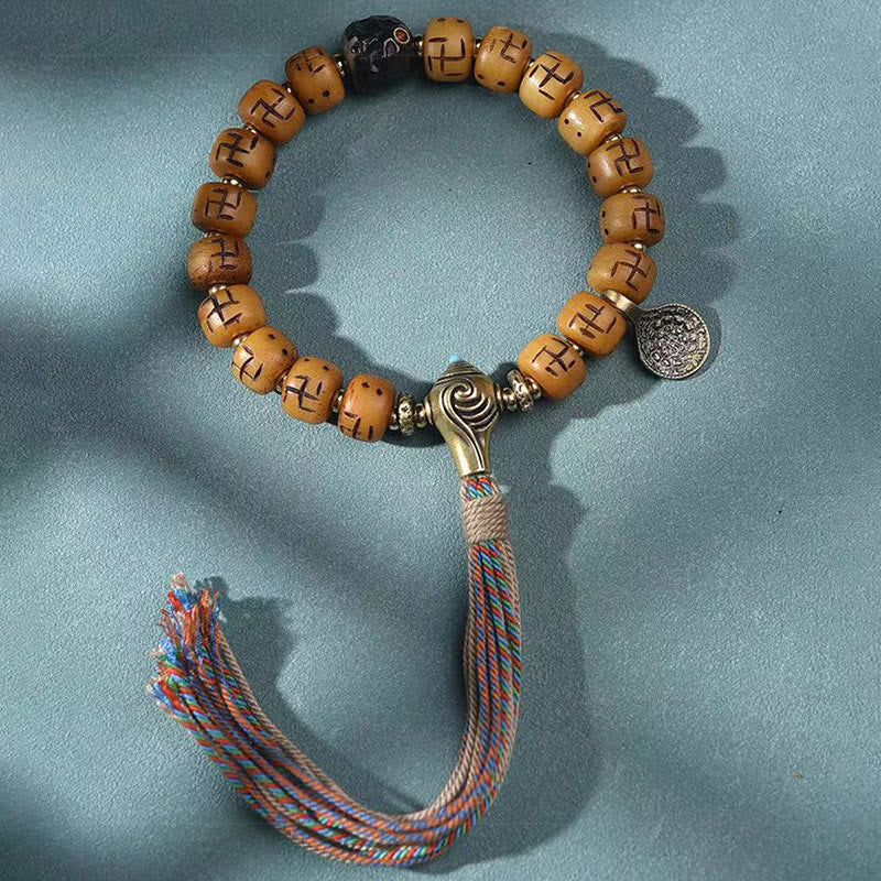 Buddha Stones naturalne tybetańskie kości wielbłąda swastyka Dzi koralik Shankha wisiorek buddy Kirtimukha ochrona szczęścia bransoletka z frędzlami