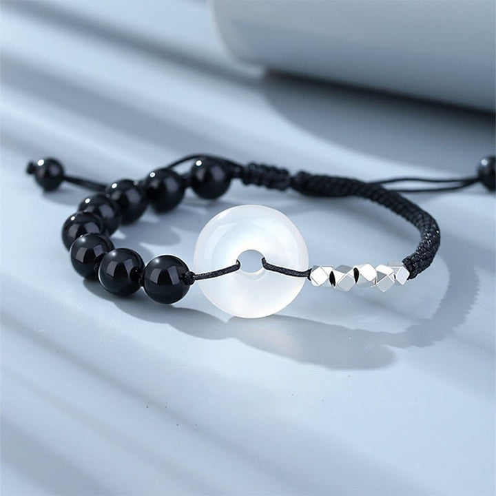 Buddha Stones 925 Sterling Silver Black Obsidian Agat Peace Buckle Strength