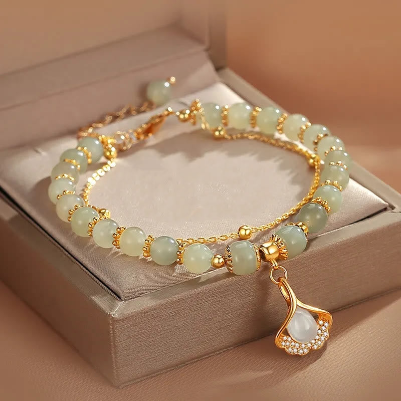 Buddha Stones Jade Liść Miłorząb Tulipan Orzeszek Fu Charakter Szczęścia Bransoletka Koralikowa