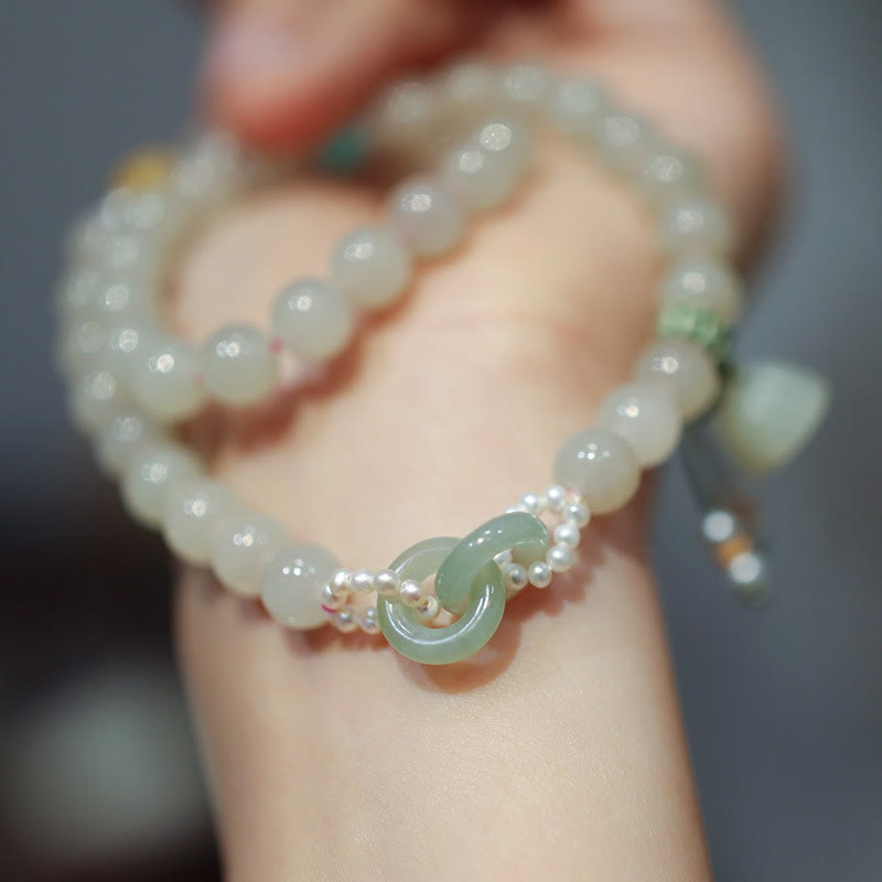 Buddha Stones 925 Srebro Sterlingowe Hetian Jade Podwójna Klamra Pokoju Bransoletka Lotus Luck Double Wrap