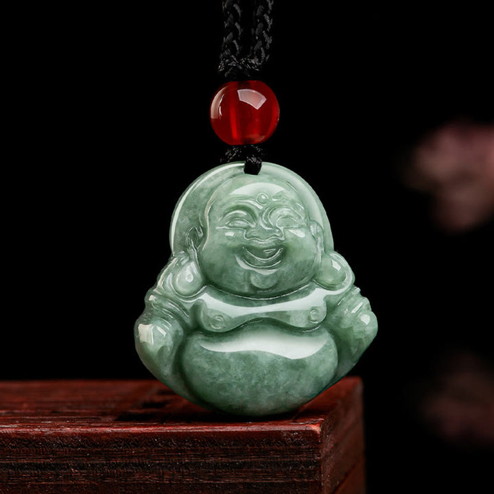 Buddha Stones Naturalny Zielony Jadeit Śmiejący Się Budda Szczęście Obfitość Naszyjnik Wisiorek