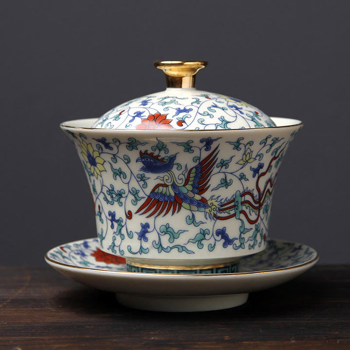 Buddha Stones Retro Śliwkowy Kwiat Sosna Bambus Feniks Kirin Ceramiczny Gaiwan Sancai Filiżanka do herbaty Kung Fu Filiżanka do herbaty i spodek z pokrywką