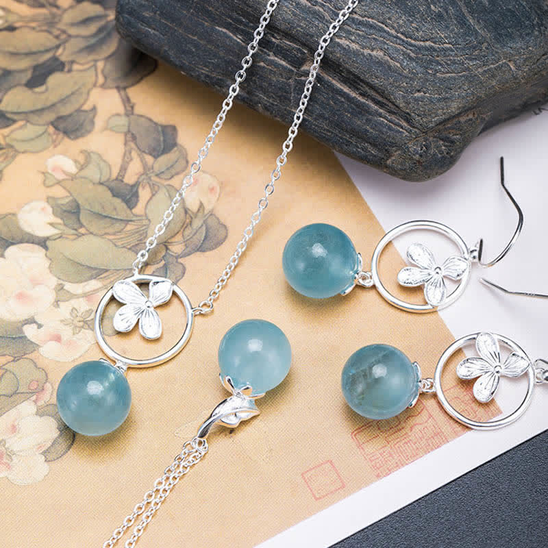 Buddha Stones 925 Srebro Sterling Naturalny Akwamaryn Liść Kwiat Pokój Naszyjnik