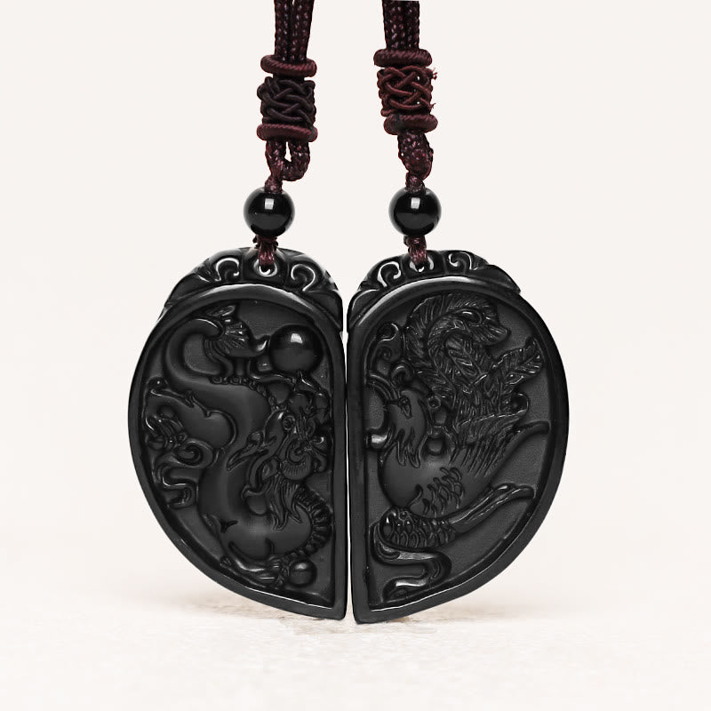 Buddha Stones Czarny Obsydian Miłość Smok Feniks Ochrona Naszyjnik Wisiorek - image 2