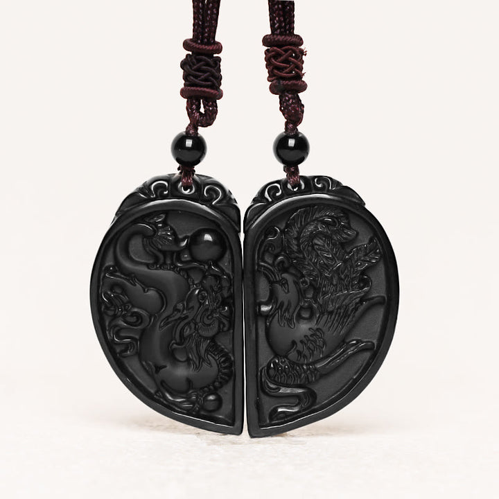 Buddha Stones Czarny Obsydian Miłość Smok Feniks Ochrona Naszyjnik Wisiorek - image 2
