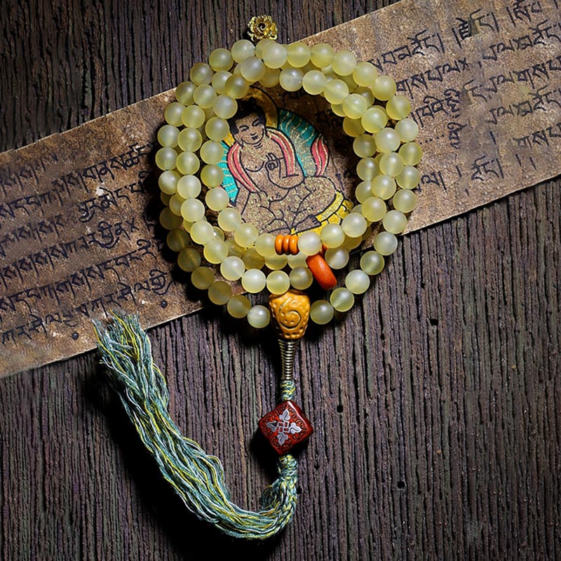 Buddha Stones 108 Mala Koraliki Tybetański Owczy Róg Bursztyn Bransoletka Szczęścia