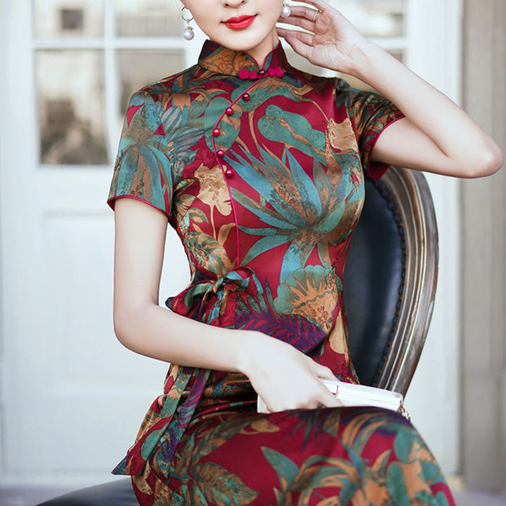 Suknia Qipao z Buddha Stones z jedwabiu w stylu retro z wzorem liści kwiatów i kwiatów, damska sukienka Cheongsam
